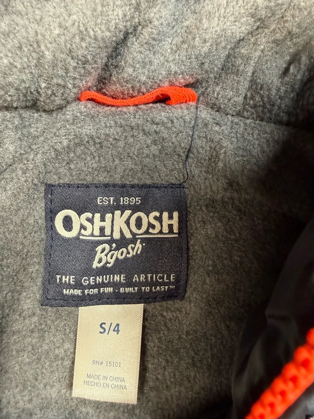 Osh Kosh B’Gosh Kids Hooded Puffer Jacket in Charcoal with Orange Accents